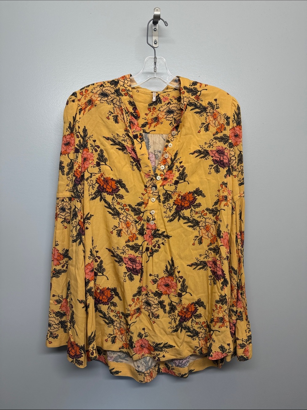 Free People Mustard Floral Button Front Bell Sleeve Mini Dress